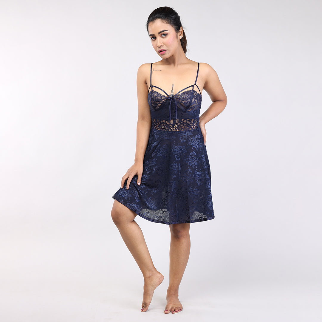 Women Navy Blue Italian Mesh Spaghetti Statement Sleepwear