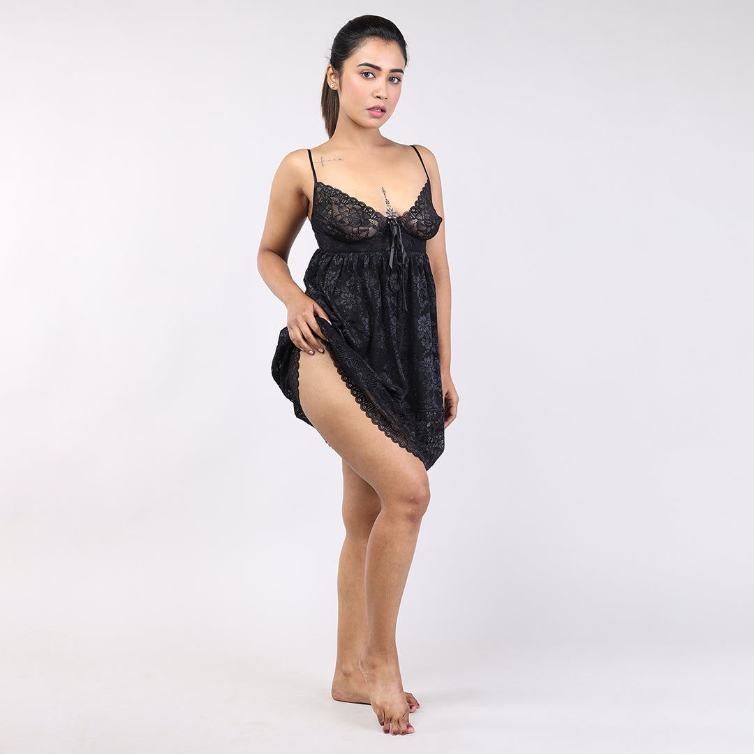 Women Black Italian Mesh Spaghetti Statement Sleepwear