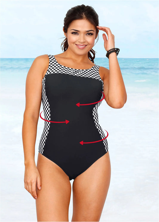 Women Black Check V-Cut Swimming Costume