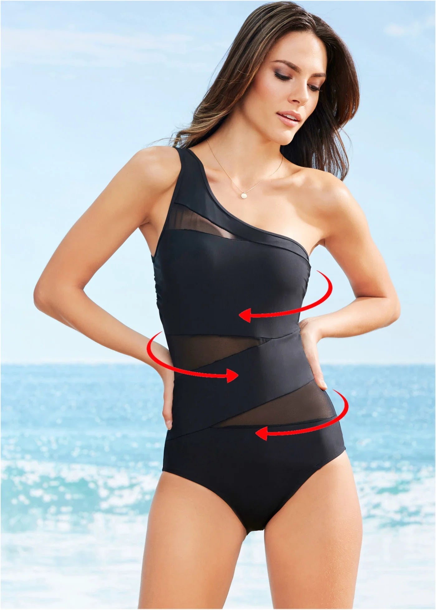 Women Plain Black One Shoulder V-Cut Swimming Costume
