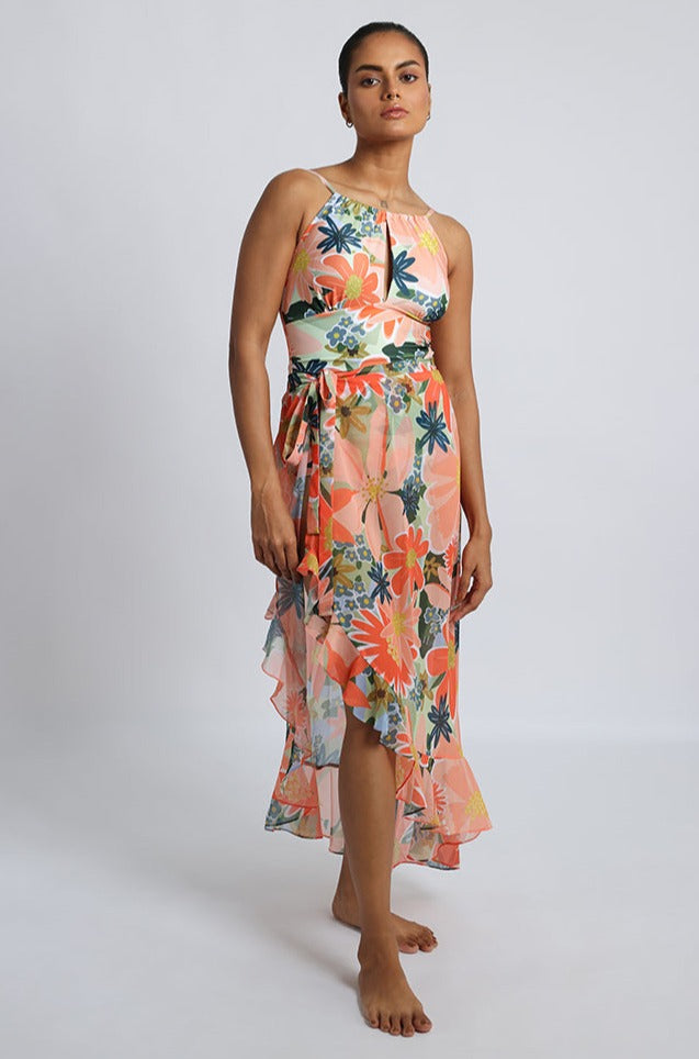 Orange Floral Print Mexican-Styled Frill Tie-Up A-Symmetric Skirt and Top Set