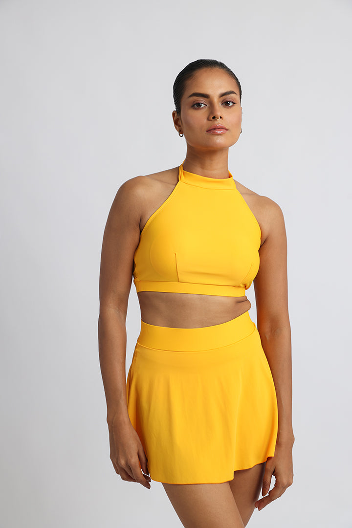 Vibrant Crop Tank Top and High-Waist Skirt Swim Suit: Your Beach Club Glamour Ensemble