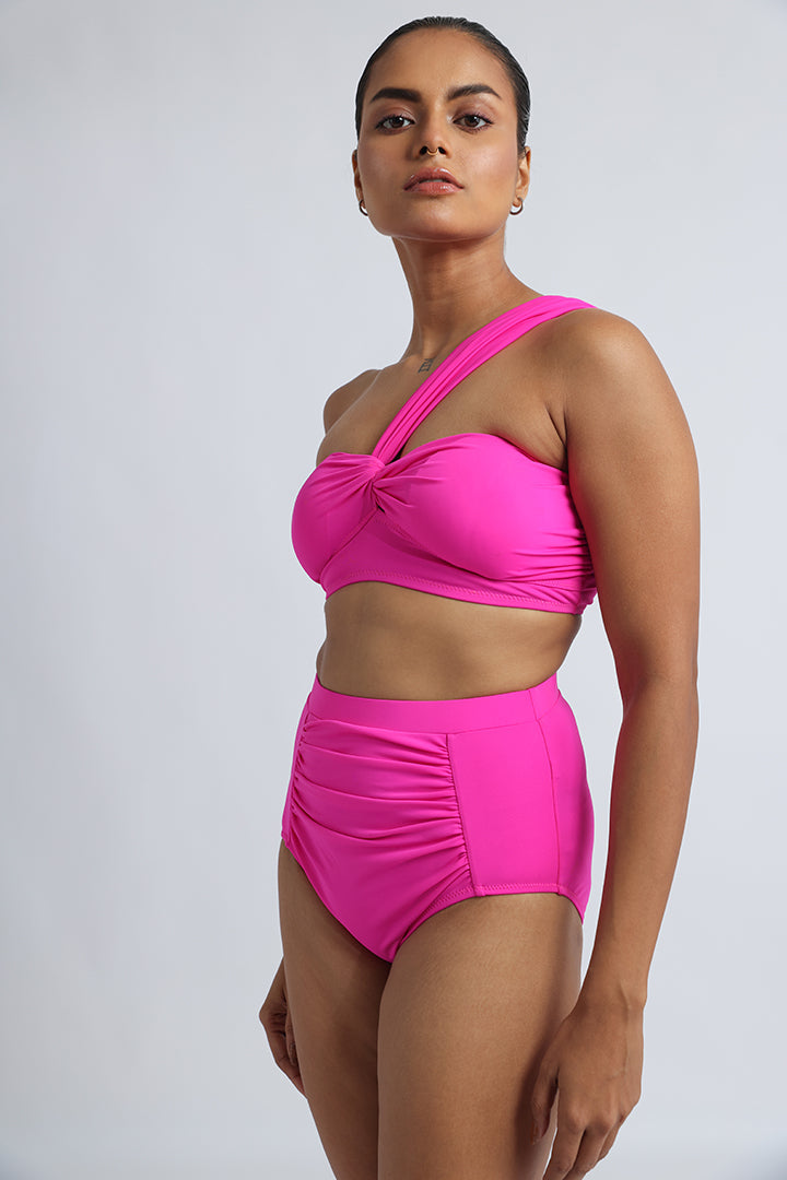 Fuchsia Pink One-Shoulder High-Waist Bikini Set: Fashionista's Dream