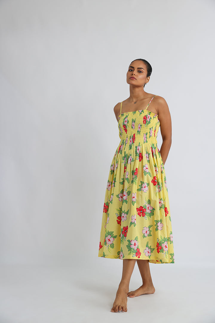 Yellow Floral Print Summer Beach Dress