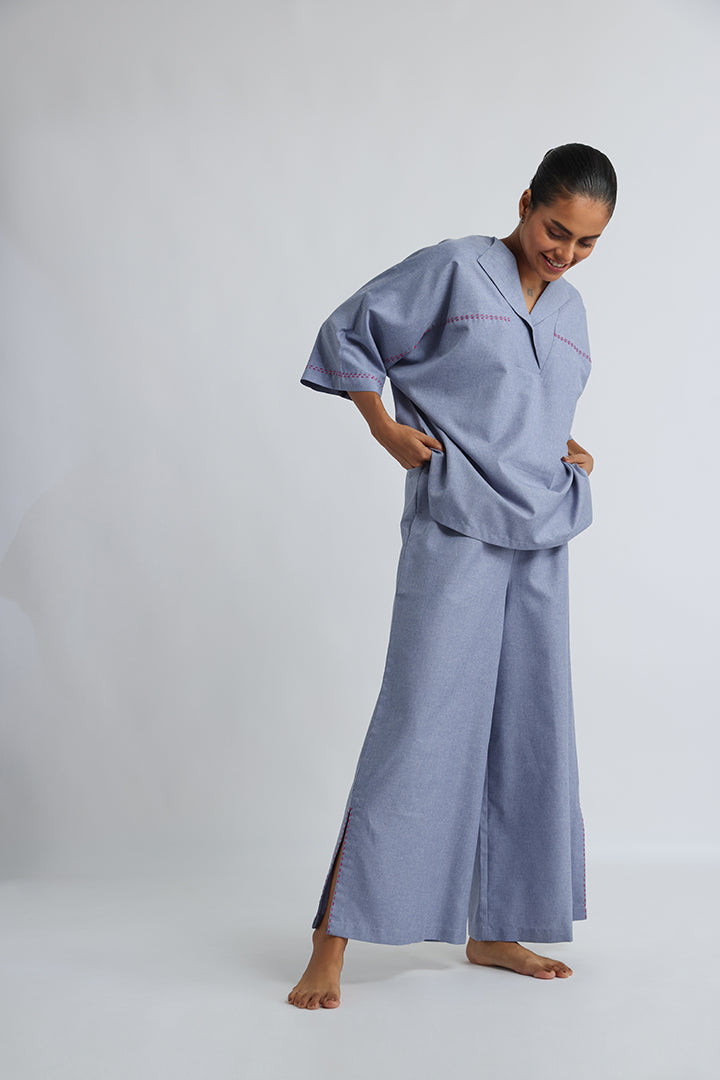 Blue Grey Co-ord Set with Anti-fit Style and Running Stitch Detail