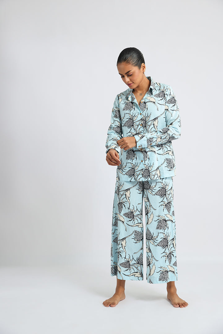 Sky Blue Printed Rayon Cotton Co-ord Set