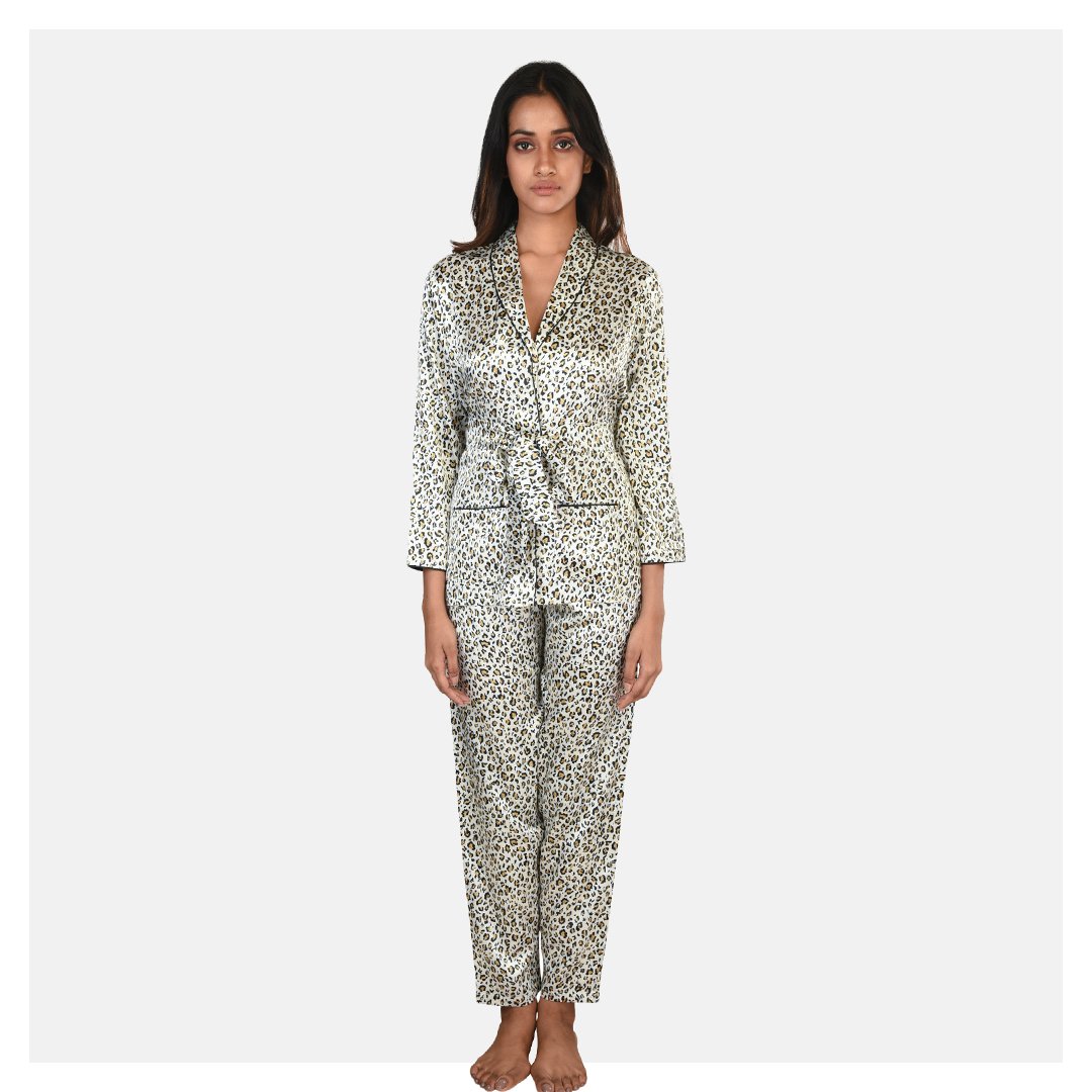 Women Animal Print Satin Night Suit Set - Suman Nathwani