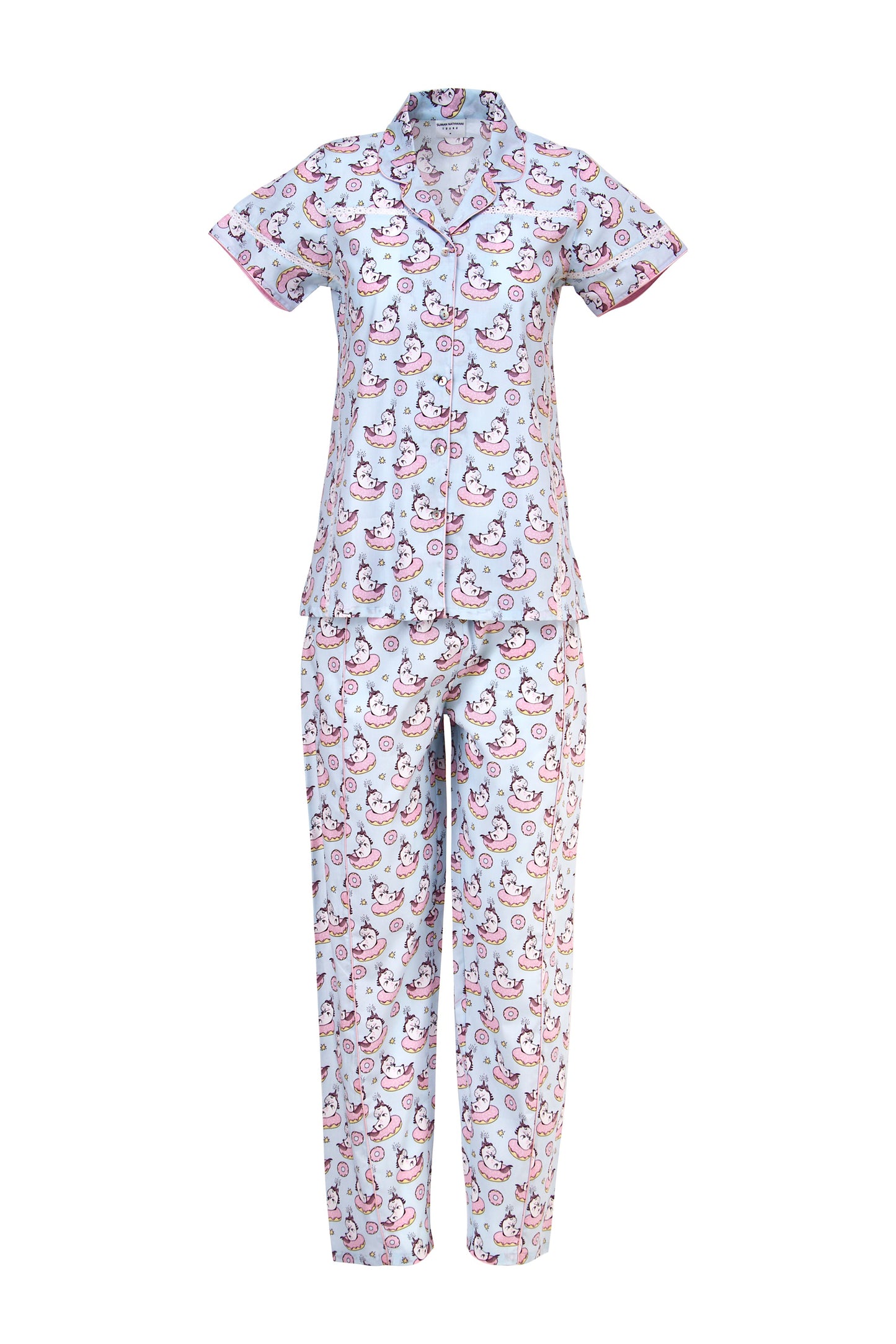 Women Sky Blue Unicorn print Cambric Cotton Night Suit