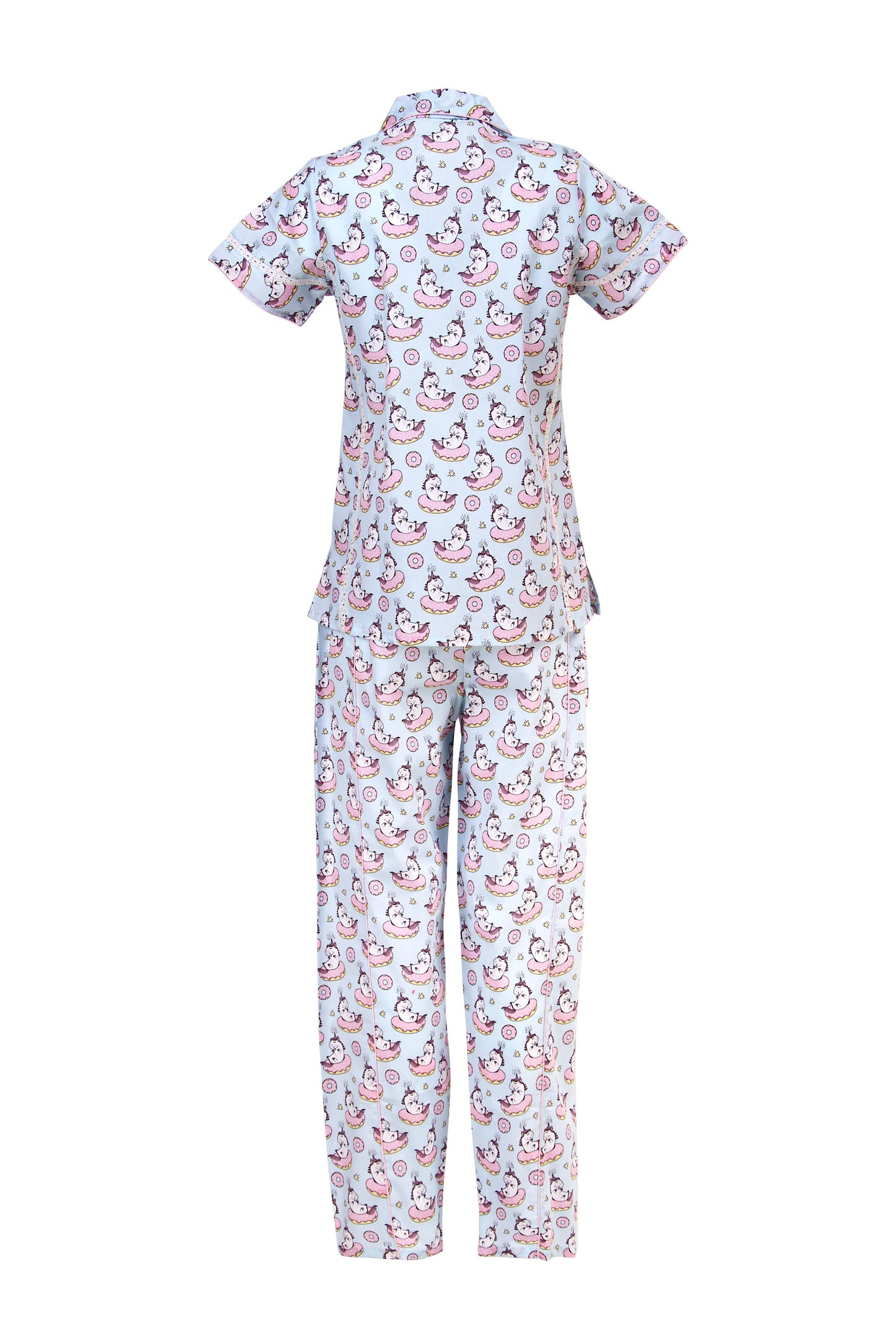 Women Sky Blue Unicorn print Cambric Cotton Night Suit