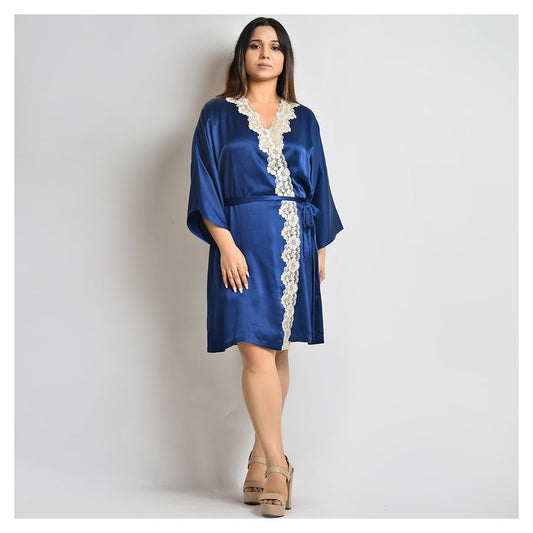 Woman Midnight Blue Short Silk Robe