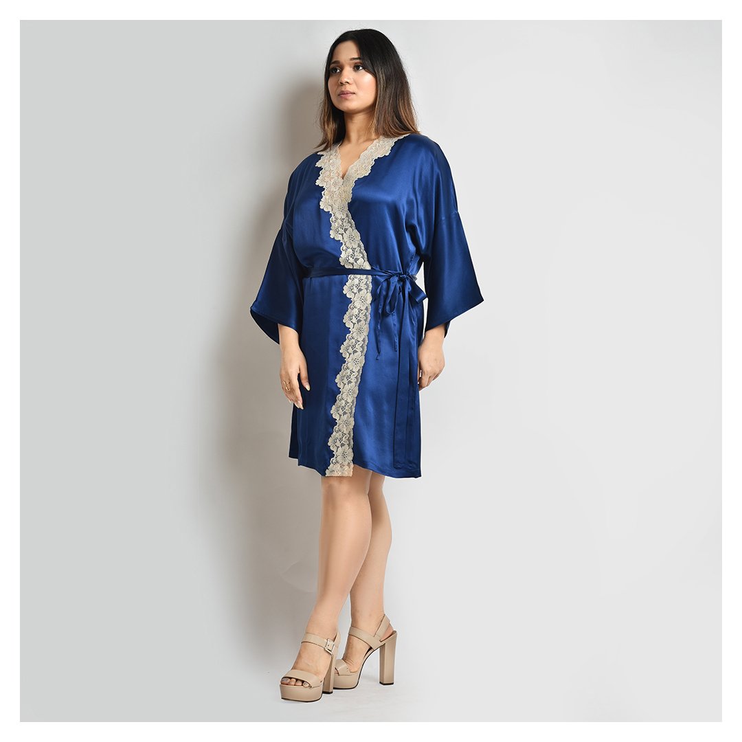 Woman Midnight Blue Short Silk Robe