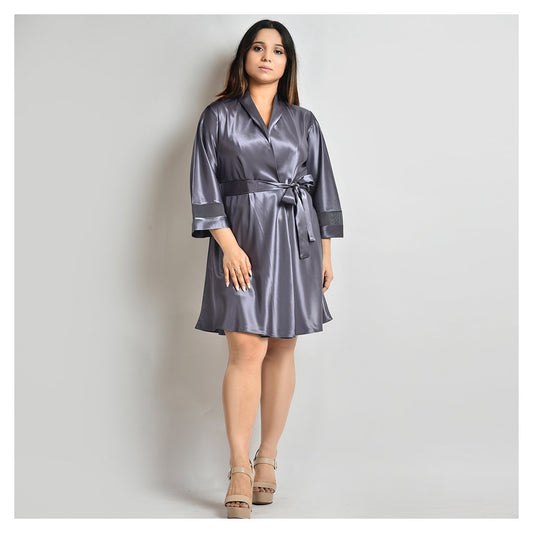 Woman Grey Color Short Satin Robe
