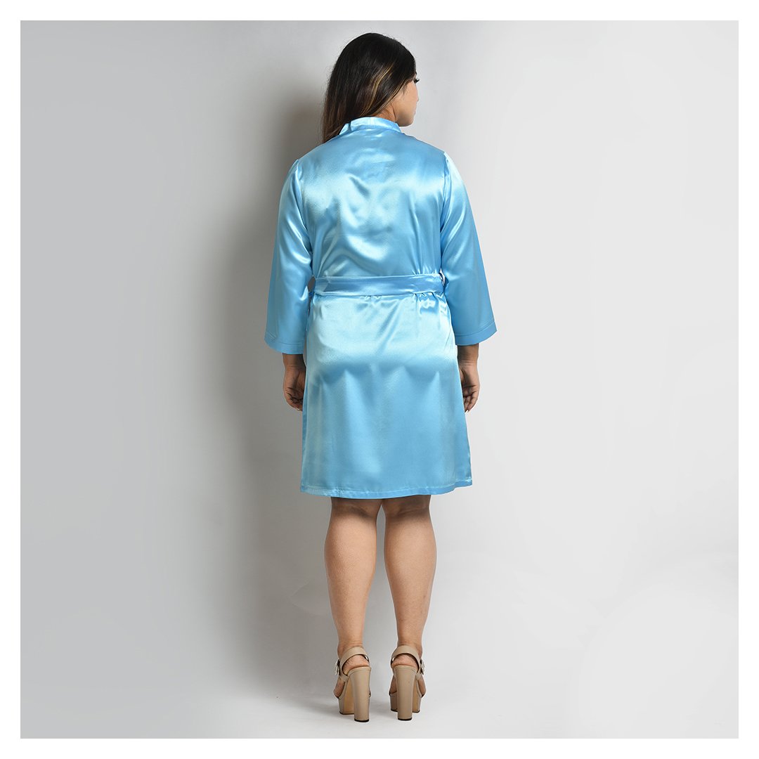 Woman Light Blue Color Short Satin Robe