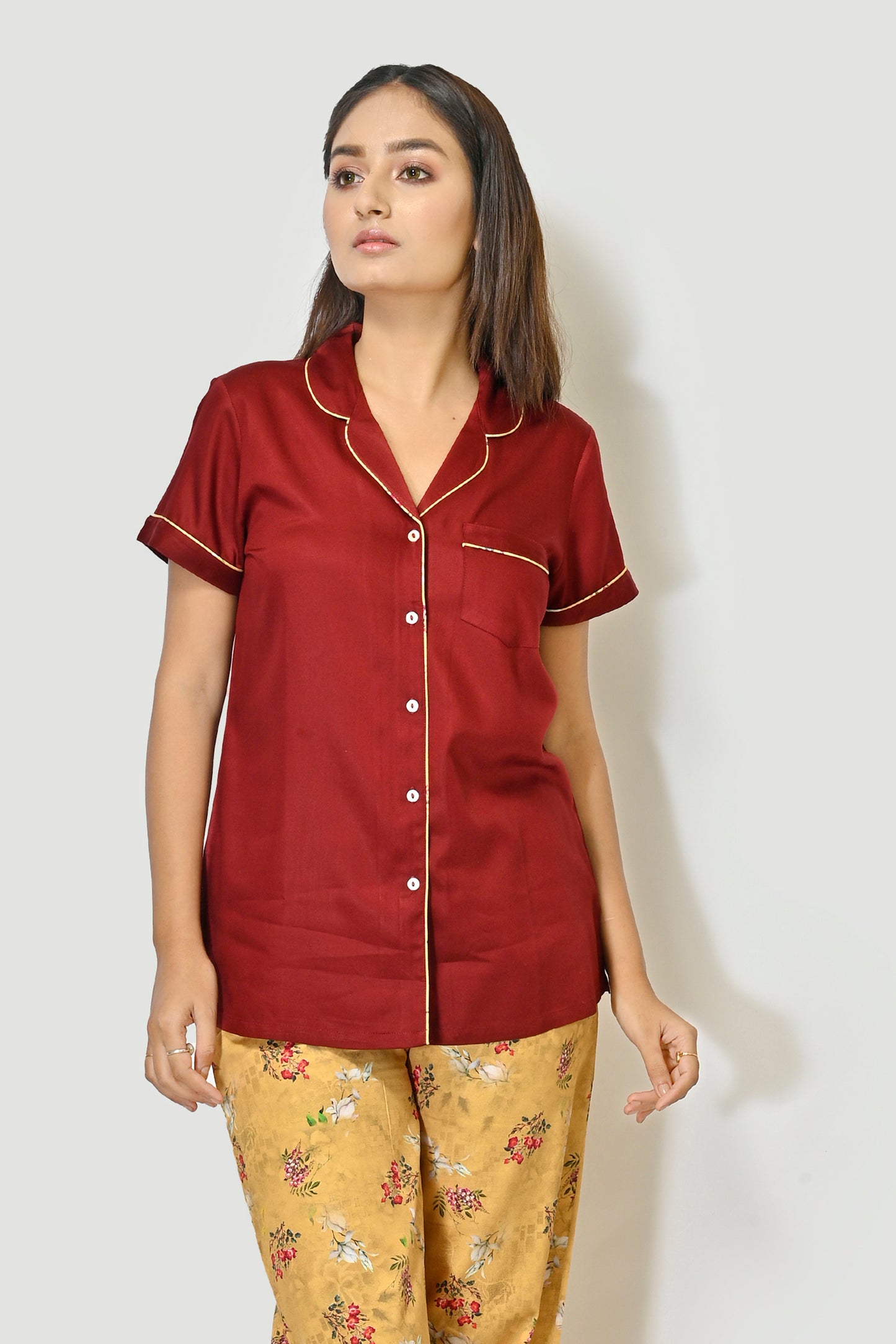 Woman Maroon Rayon Shirt And Mustard Printed Cotton Pajama Night Suit