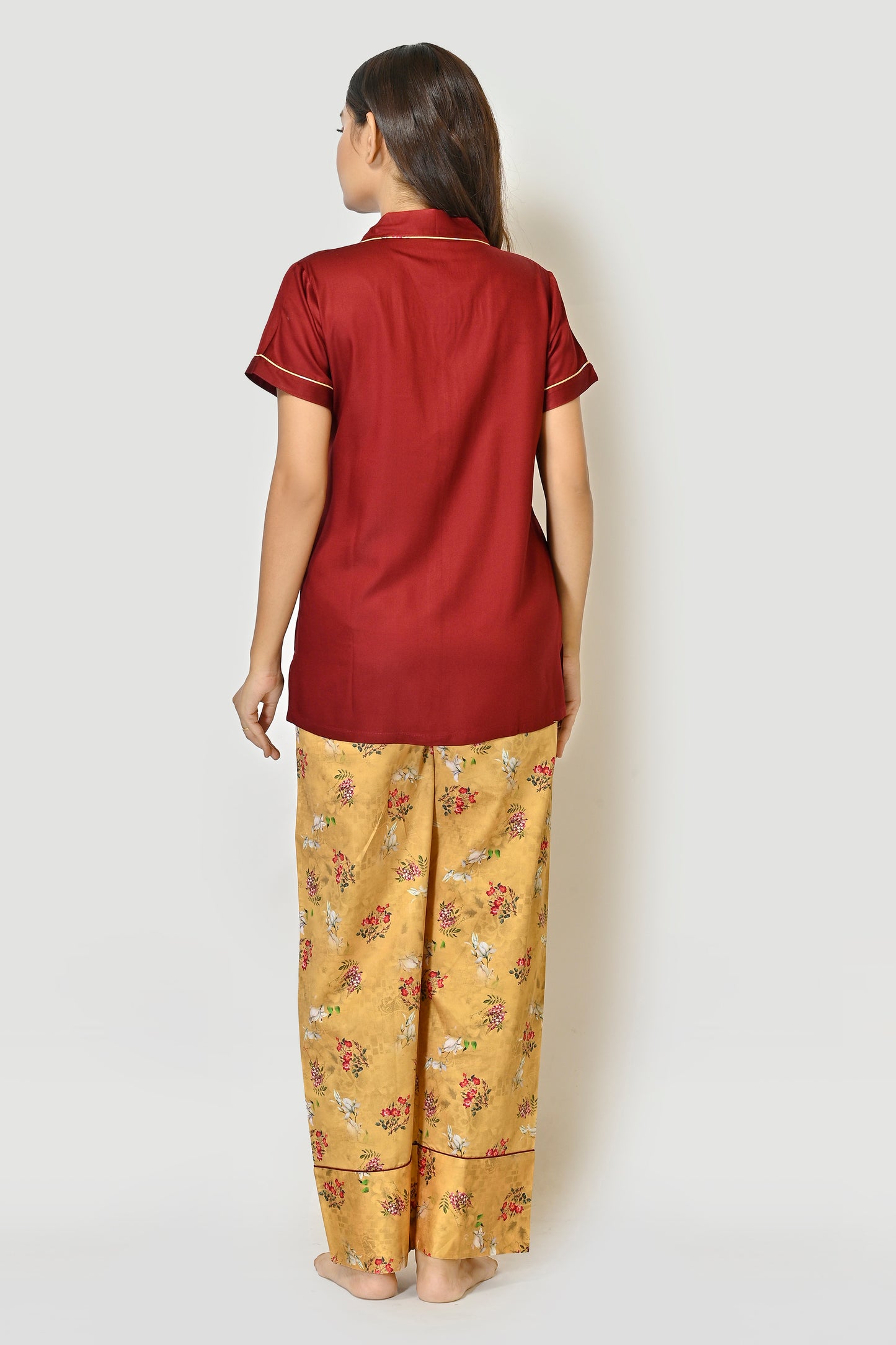 Woman Maroon Rayon Shirt And Mustard Printed Cotton Pajama Night Suit