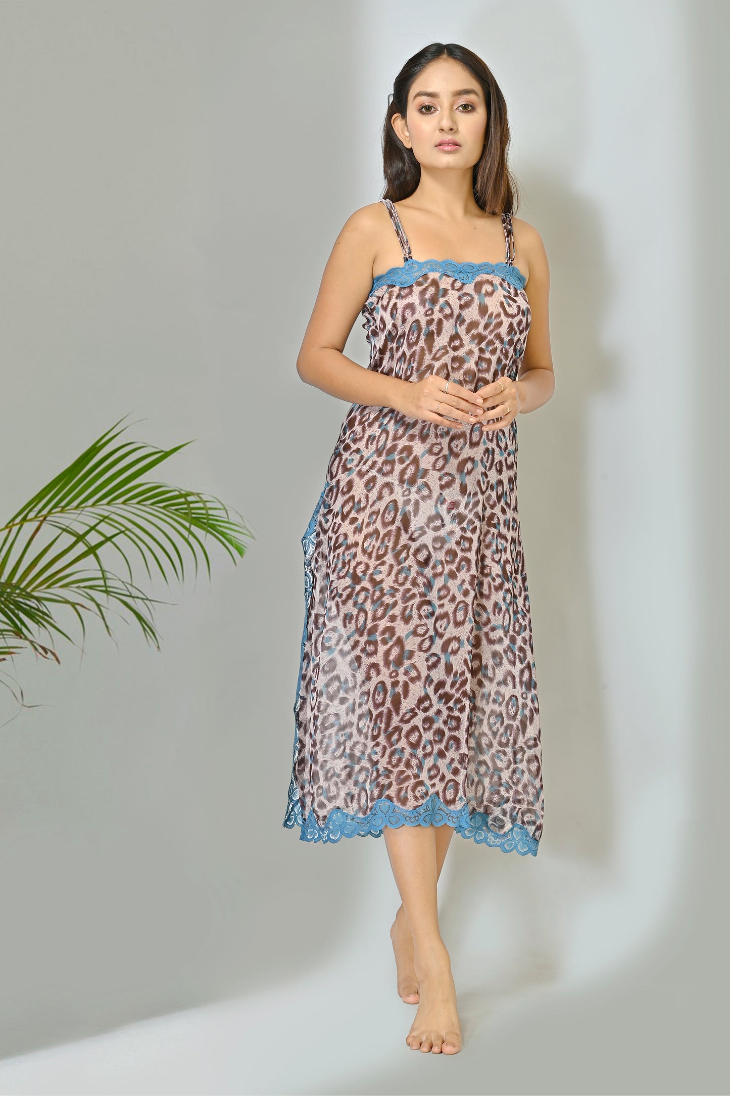 Women French Georgette Brown And Blue Animal Printed Bridal Baby Doll Nighty