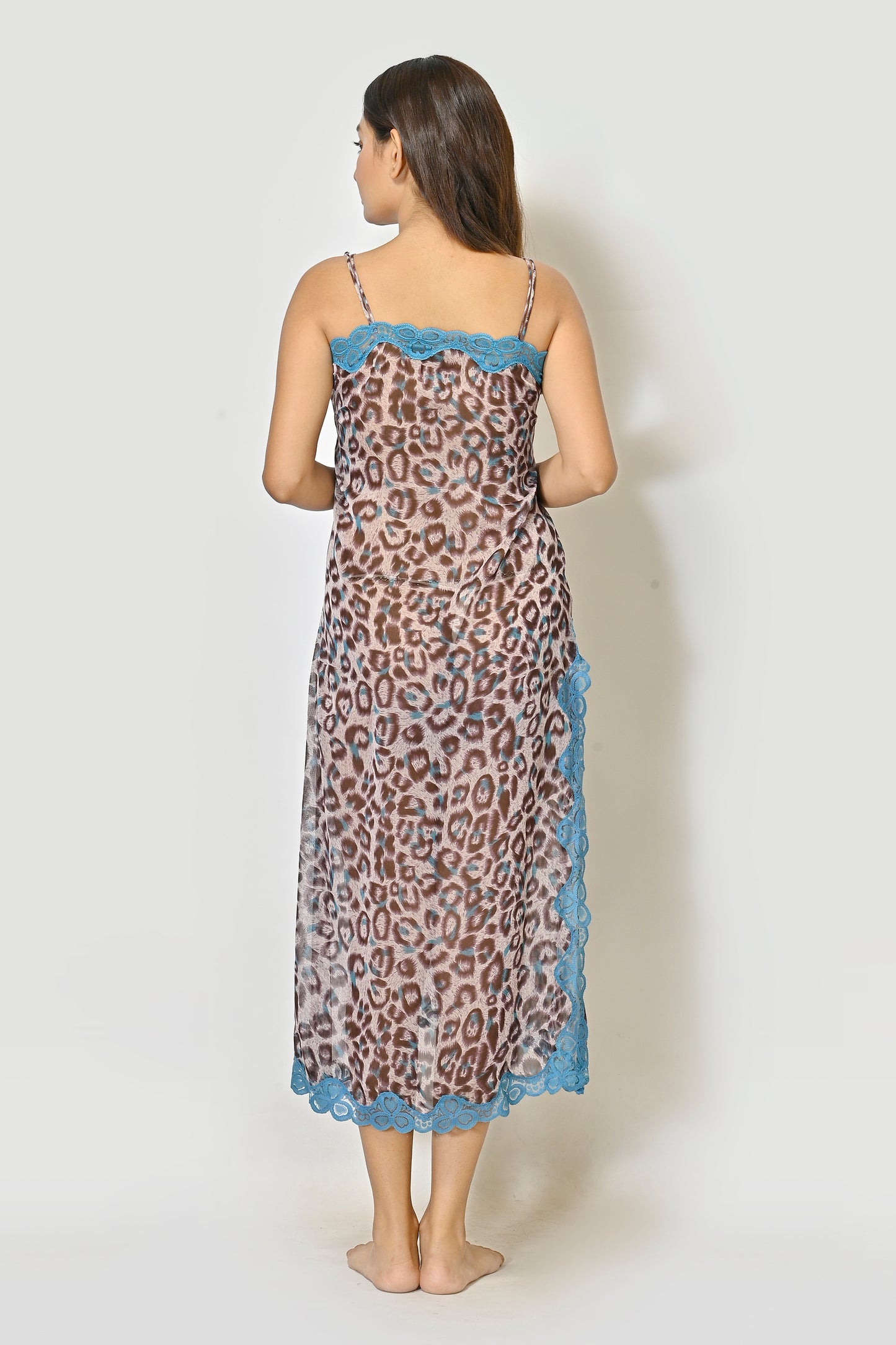 Women French Georgette Brown And Blue Animal Printed Bridal Baby Doll Nighty