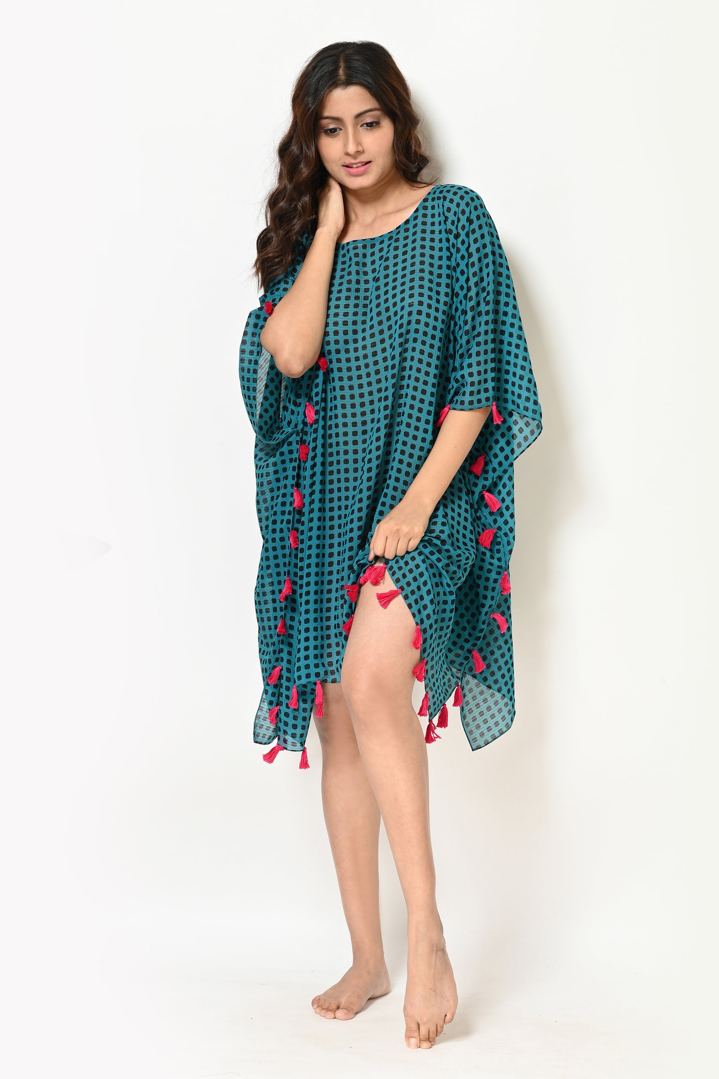 Women Teal Green And Black Abstract Print Georgette Beach Wear
