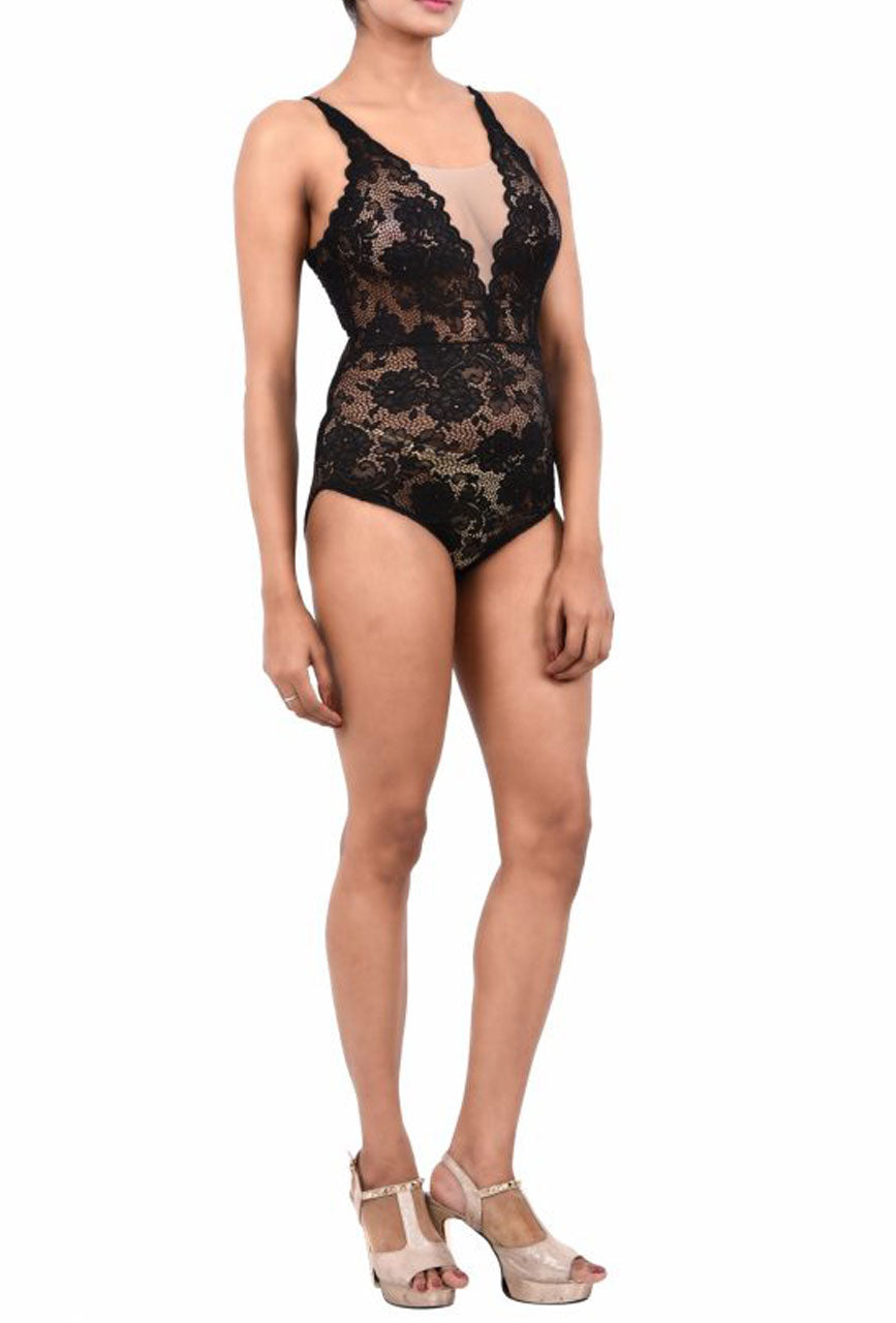 Women Exotic Lingerie Lace Bodysuit Black