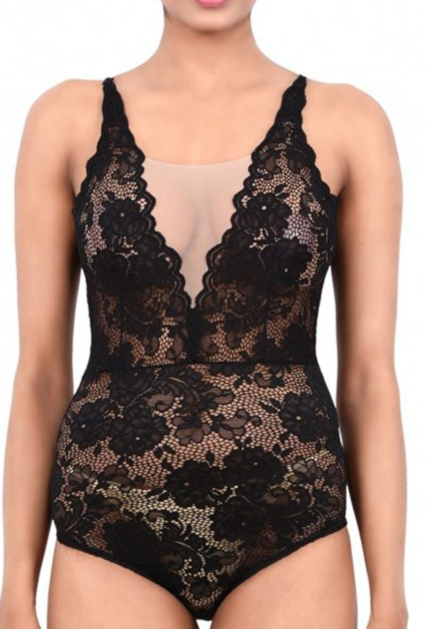 Women Exotic Lingerie Lace Bodysuit Black