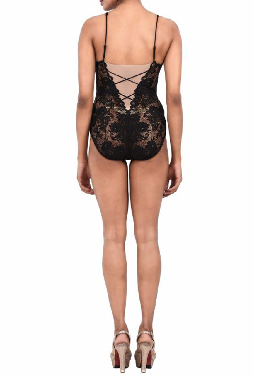 Women Exotic Lingerie Lace Bodysuit Black