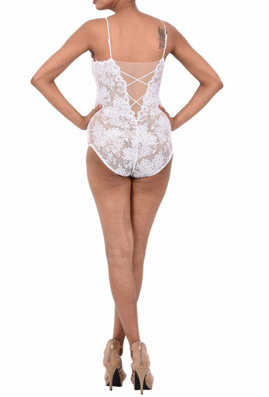 Women Exotic Lingerie Lace Bodysuit White