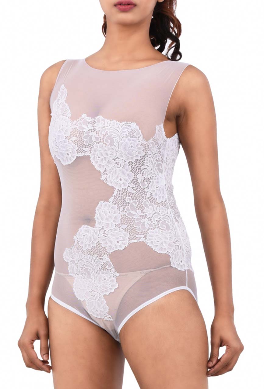 Women Premium Lingerie Lace and Mesh Bodysuit White