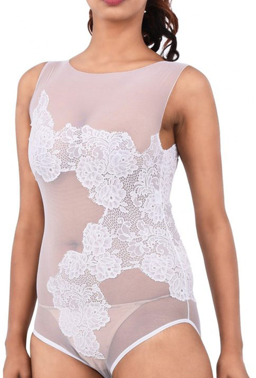 Women Premium Lingerie Lace and Mesh Bodysuit White