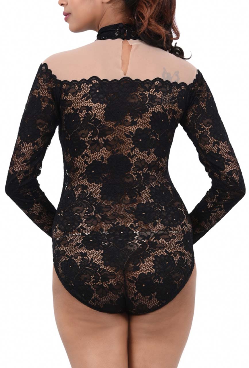 Women Premium Lingerie Full Sleeve Lace Bodysuit Black