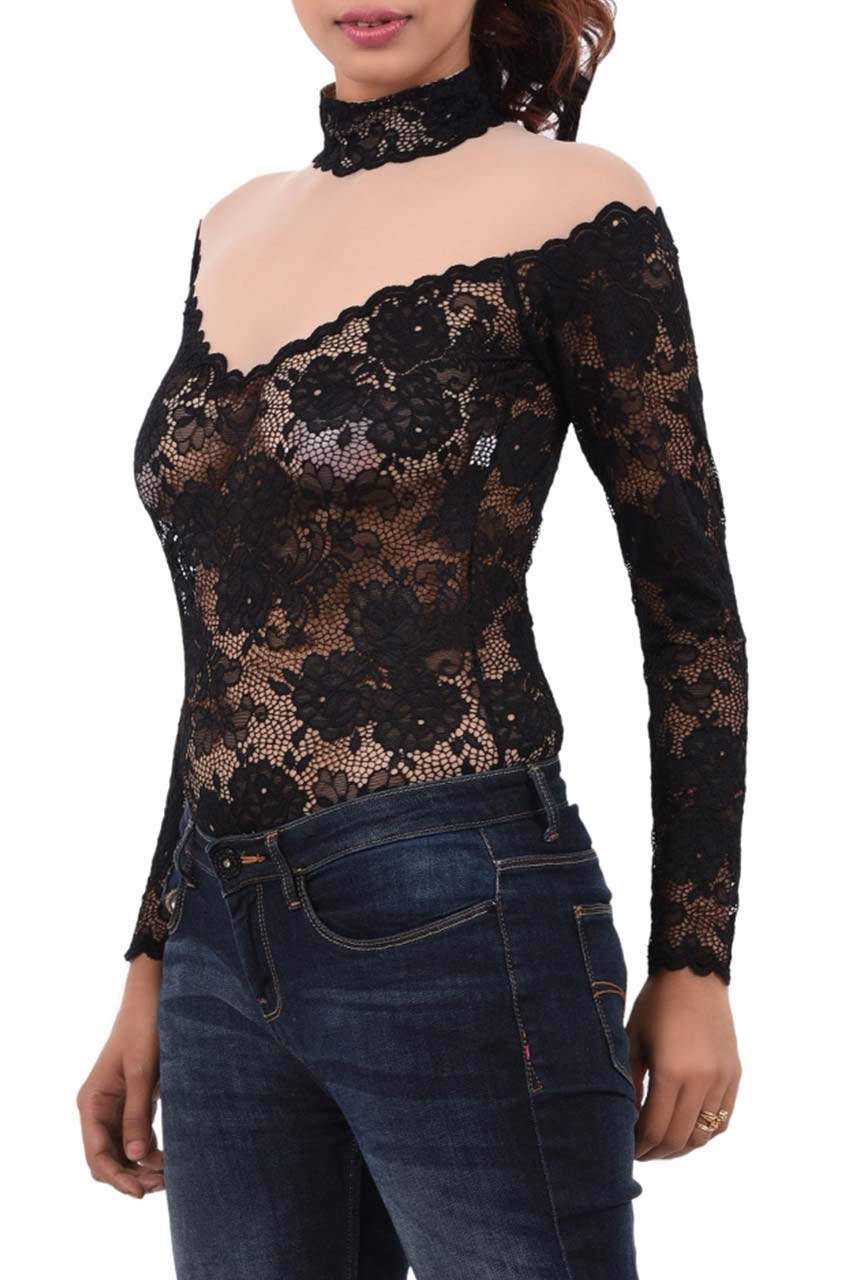 Women Premium Lingerie Full Sleeve Lace Bodysuit Black