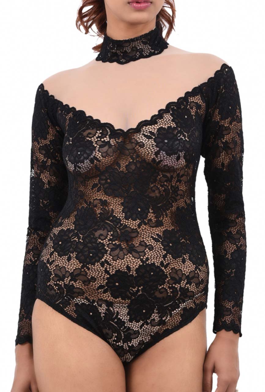 Women Premium Lingerie Full Sleeve Lace Bodysuit Black