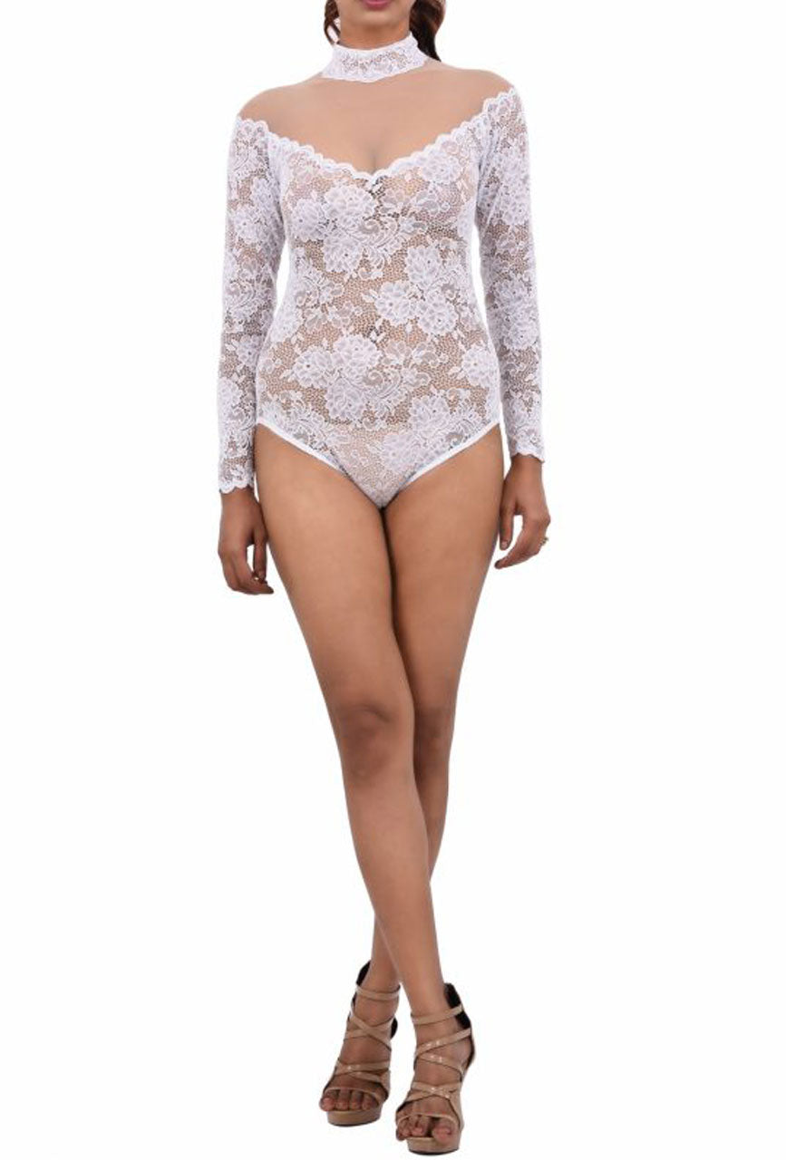 Women Premium Lingerie Full Sleeve Lace Bodysuit White