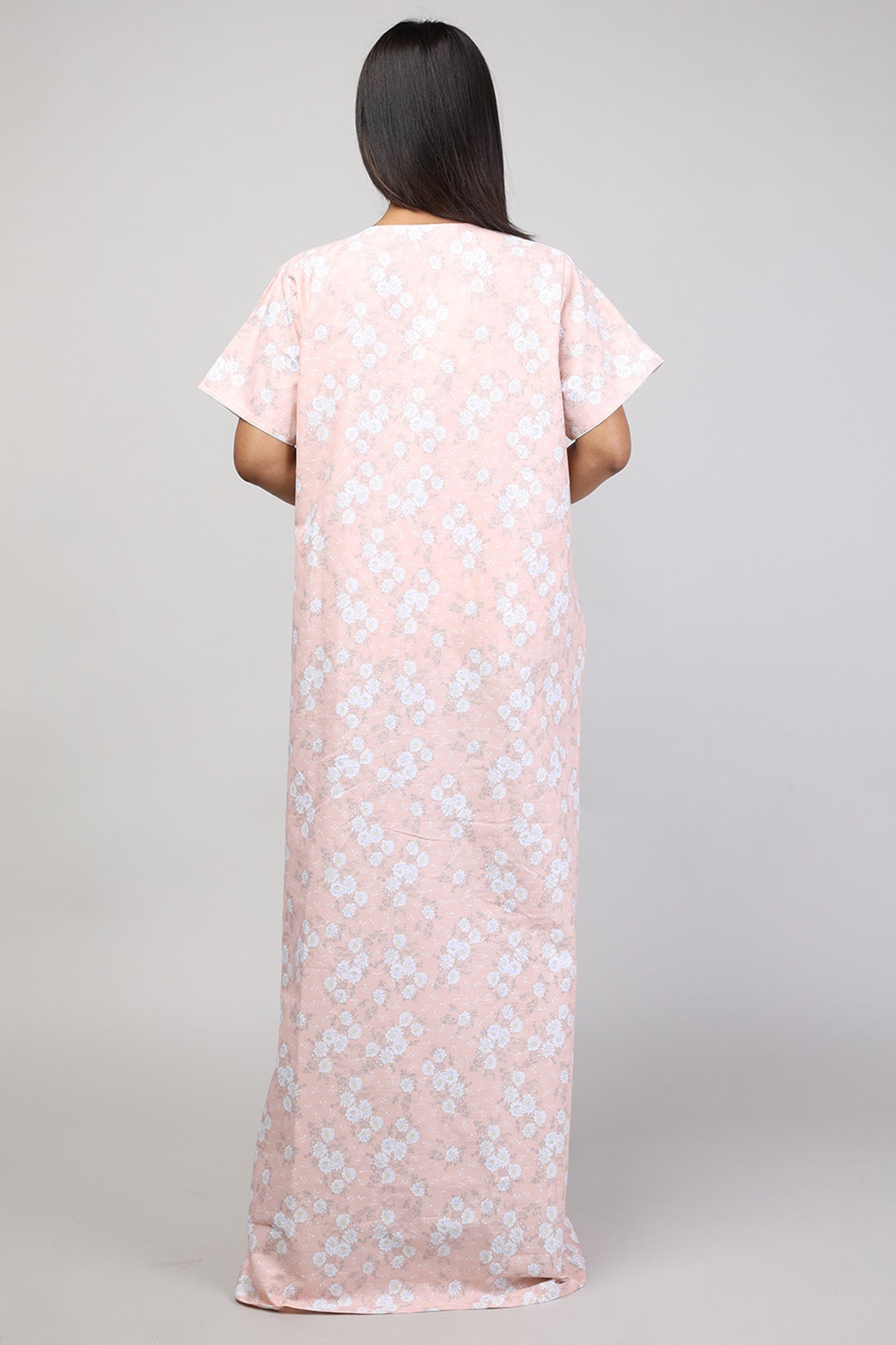 Women Peach Floral Cotton Cambric Nighty