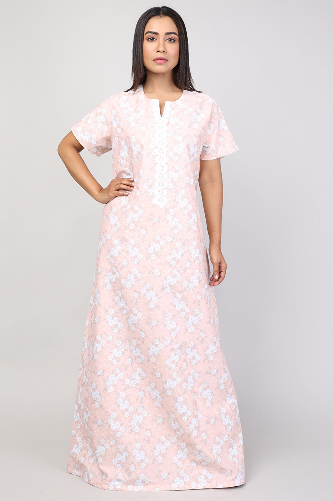 Women Peach Floral Cotton Cambric Nighty