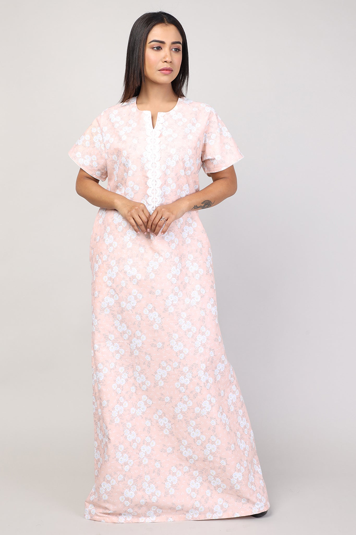 Women Peach Floral Cotton Cambric Nighty