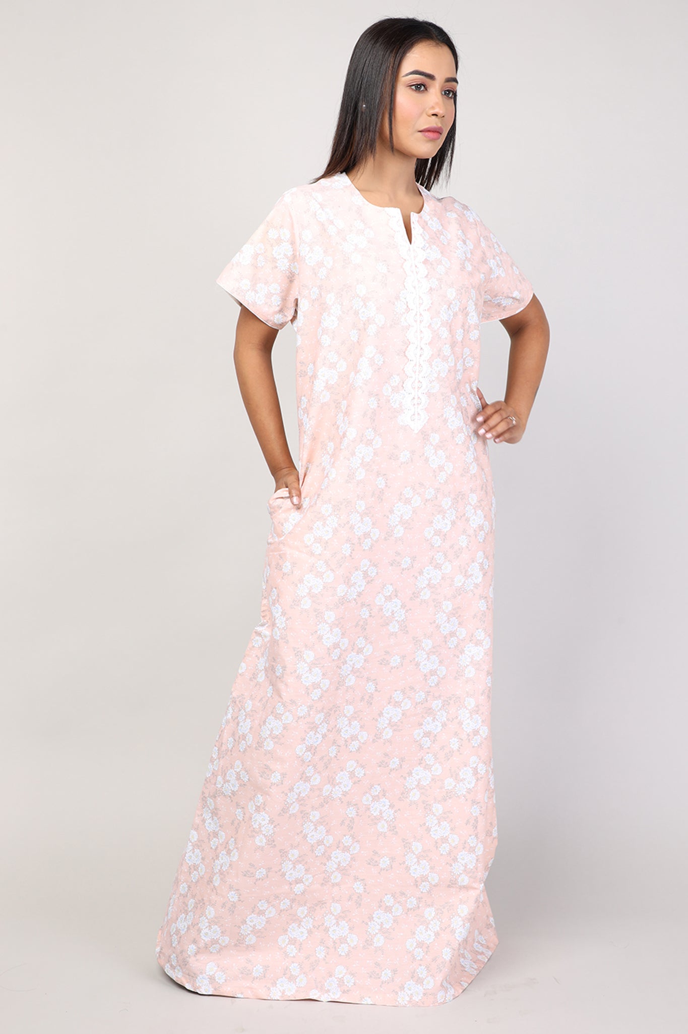 Women Peach Floral Cotton Cambric Nighty