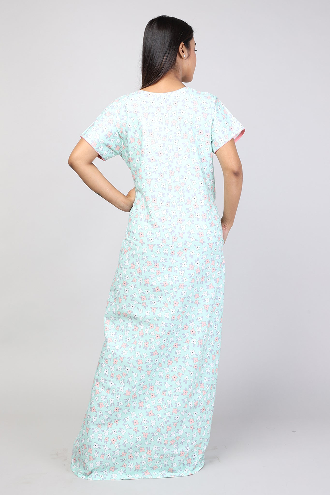 Women Green Print Machine Embroidery Cotton Cambric Nighty