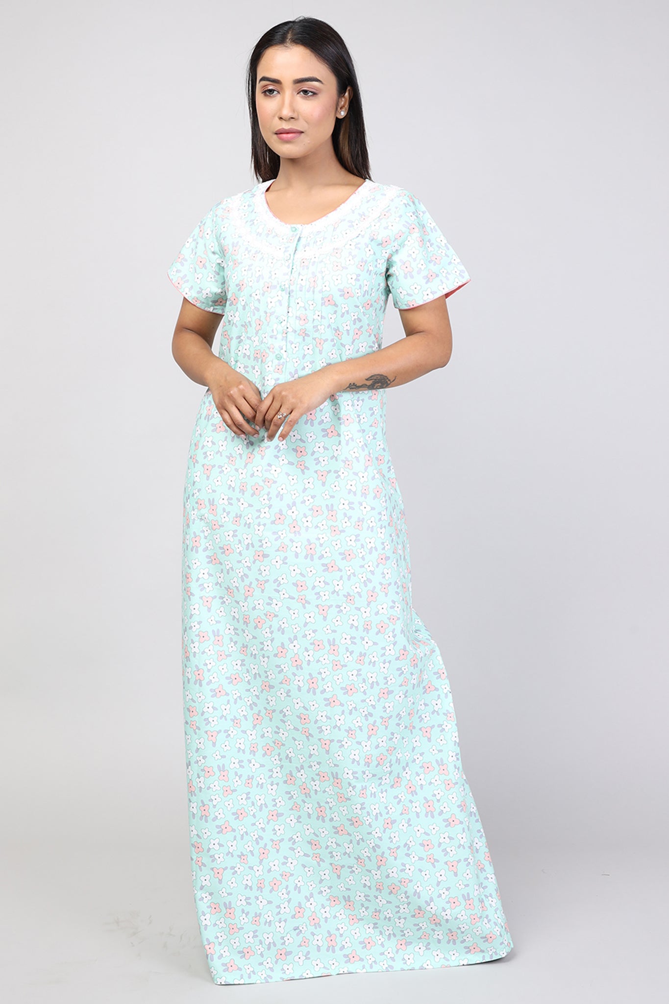 Women Green Print Machine Embroidery Cotton Cambric Nighty