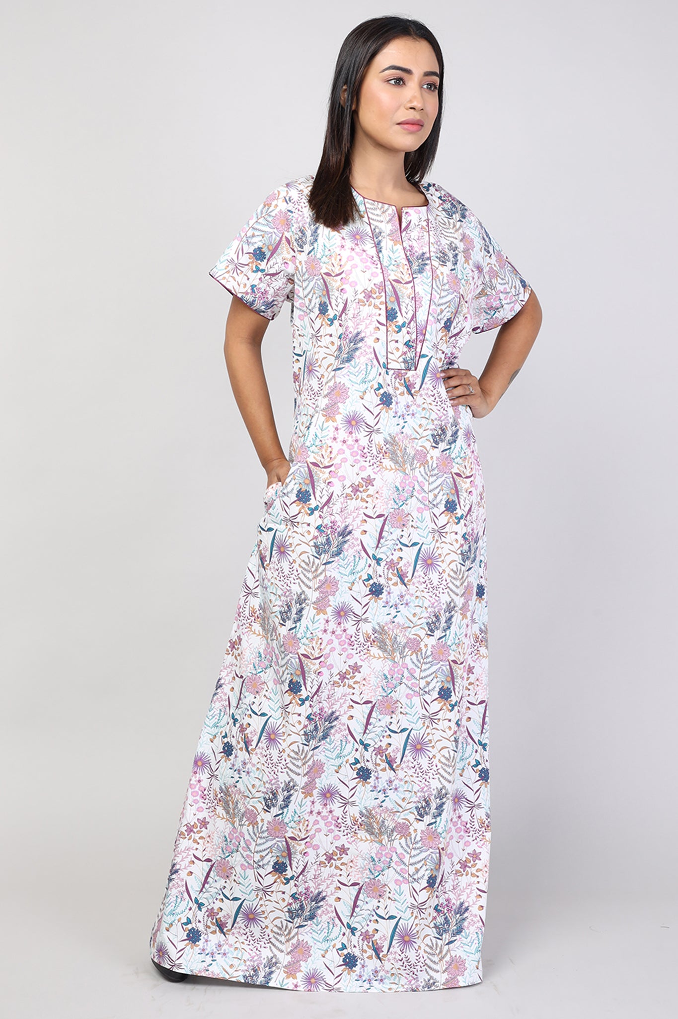 Women White Floral Cotton Cambric Nighty