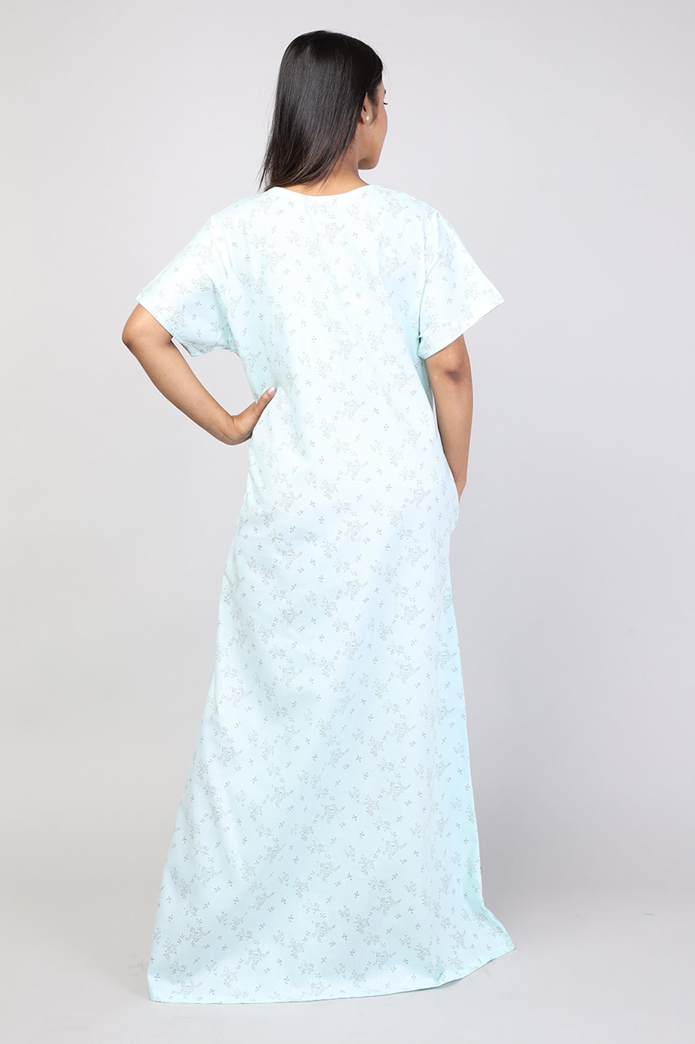 Women Light Green Machine Embroidery Floral Cotton Cambric Nighty
