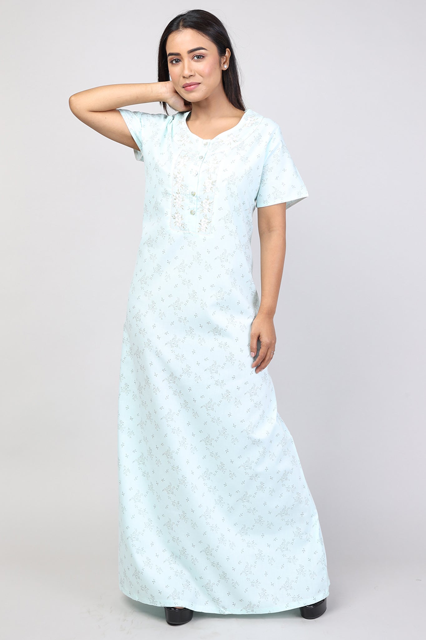Women Light Green Machine Embroidery Floral Cotton Cambric Nighty