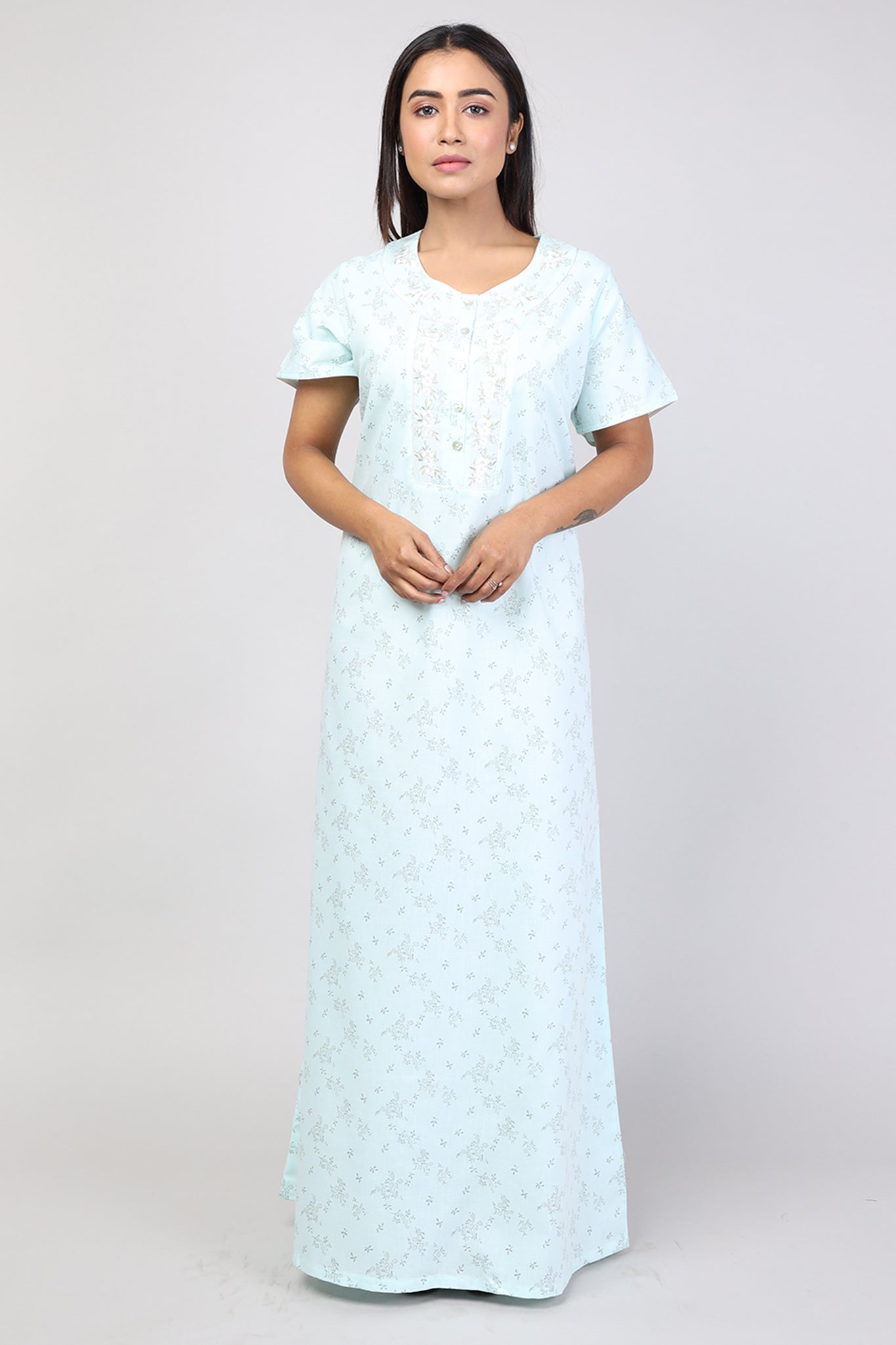 Women Light Green Machine Embroidery Floral Cotton Cambric Nighty