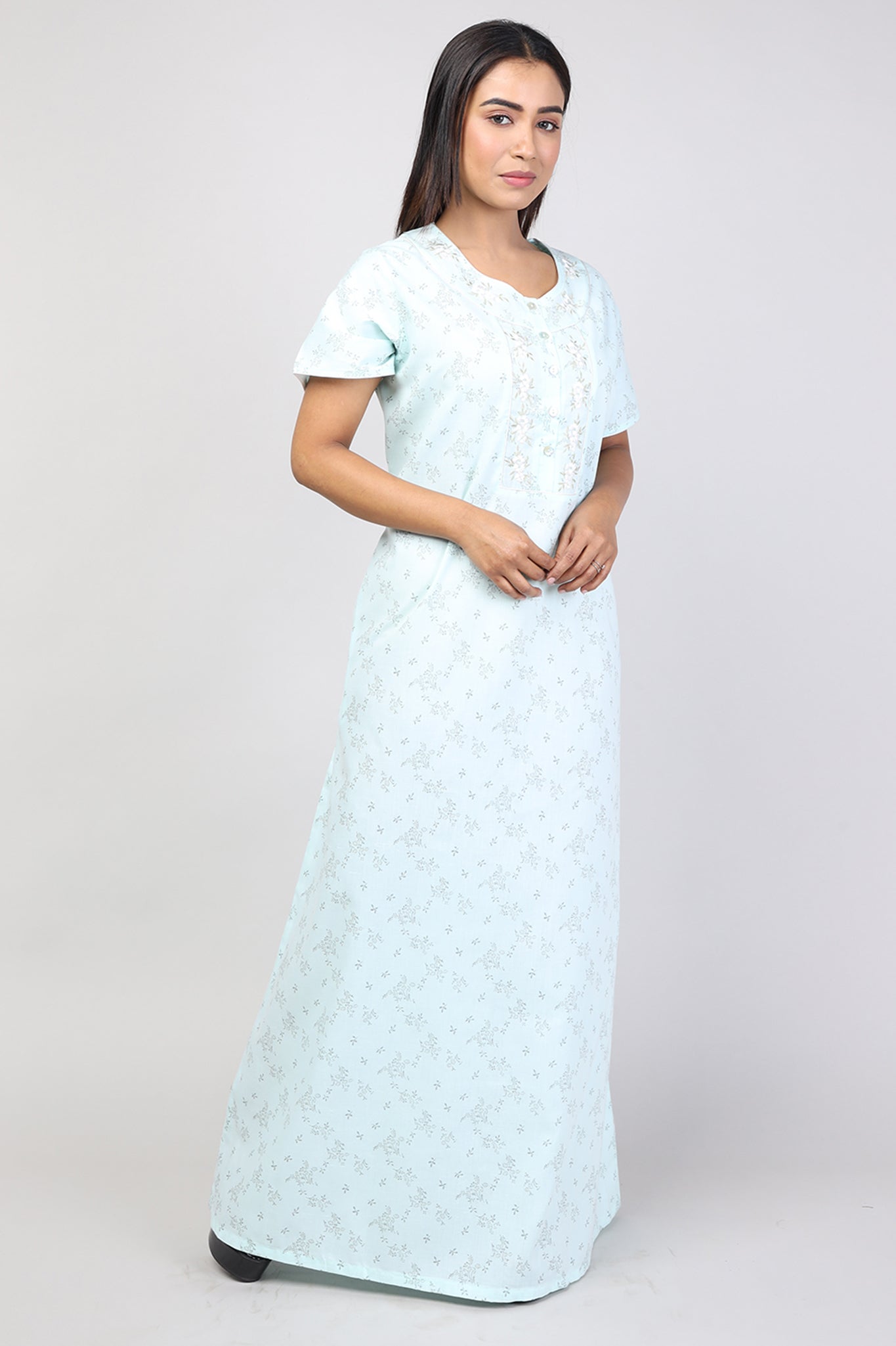 Women Light Green Machine Embroidery Floral Cotton Cambric Nighty