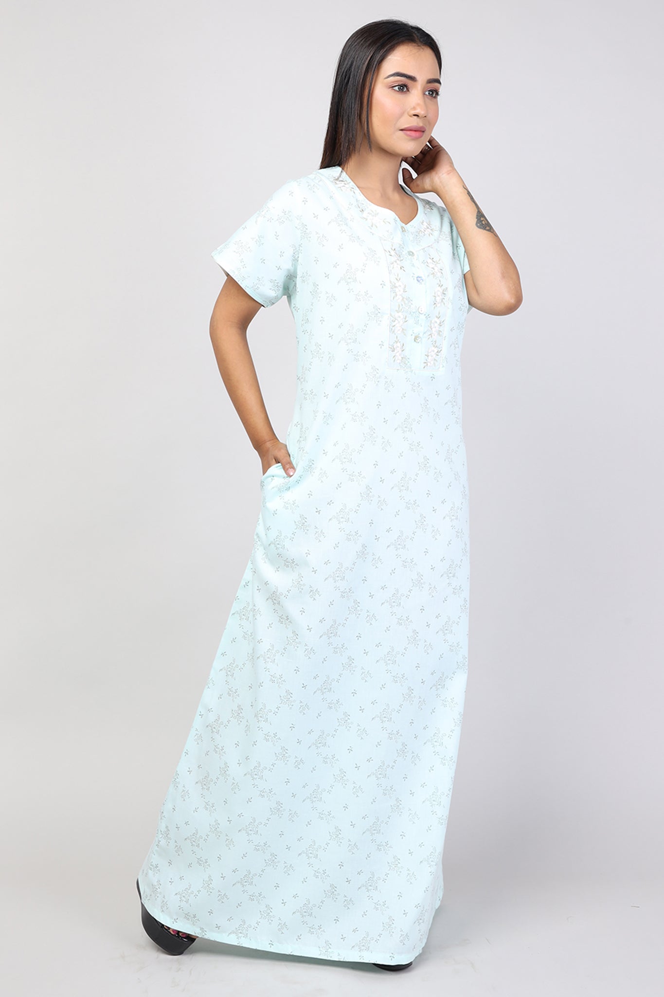 Women Light Green Machine Embroidery Floral Cotton Cambric Nighty