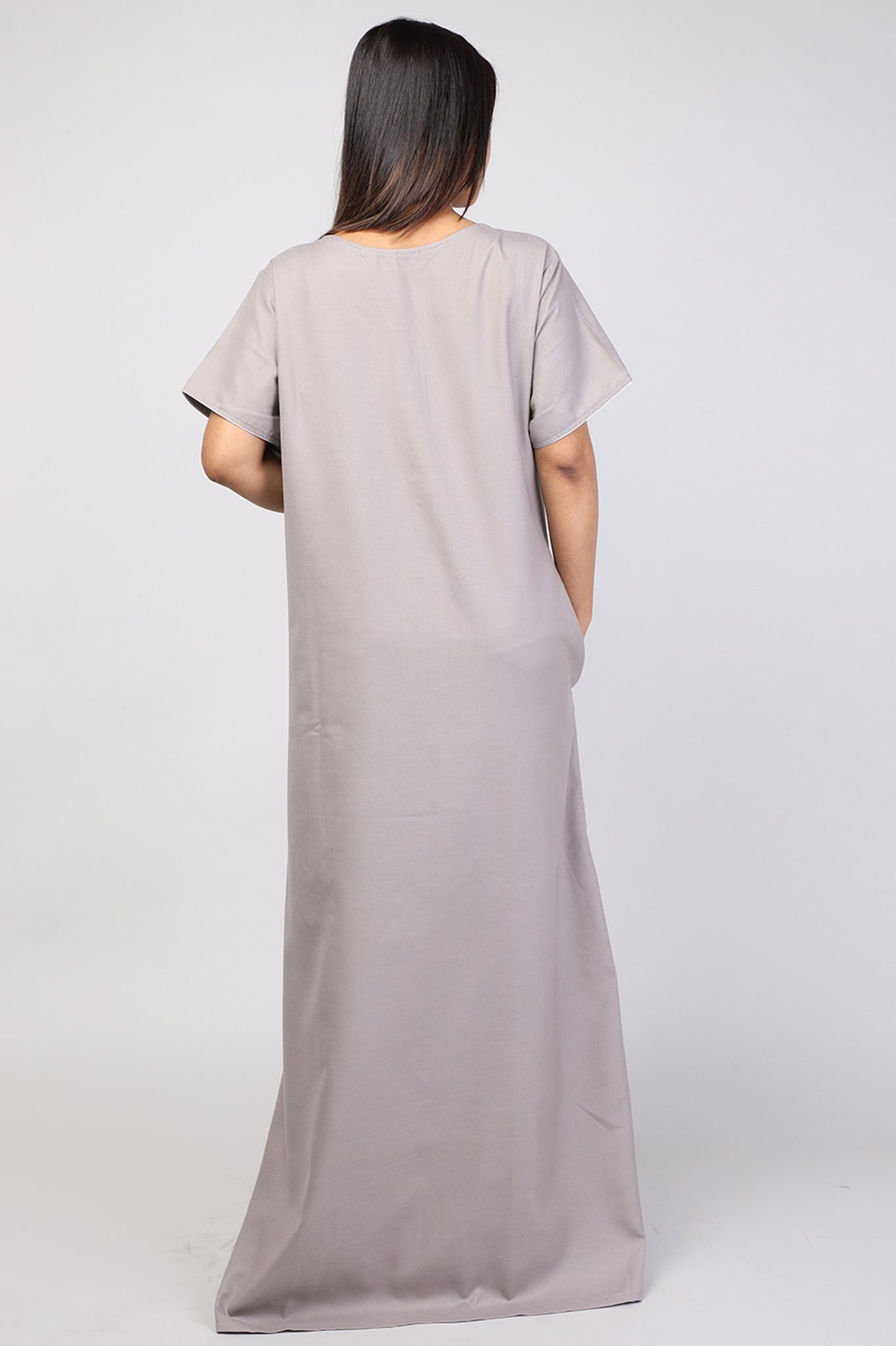 Women Plain Dark Grey Hand Embroidery Spun Nighty