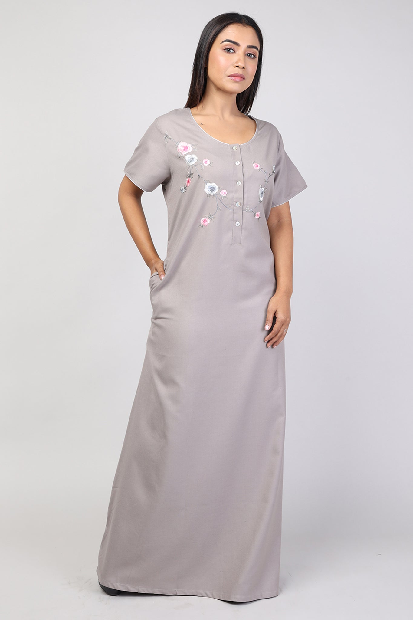 Women Plain Dark Grey Hand Embroidery Spun Nighty