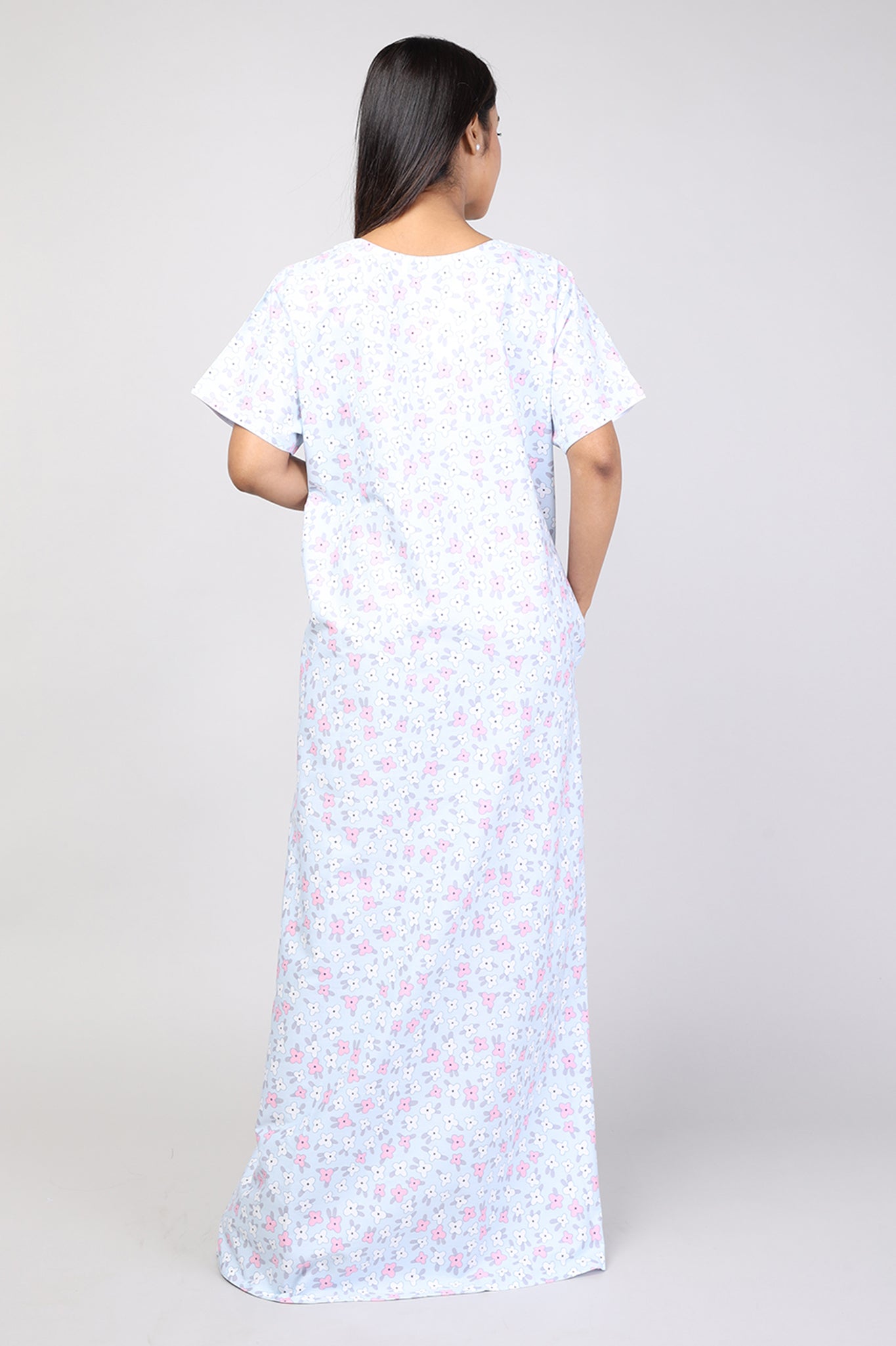 Women Printed Light Blue Cotton Cambric Nighty