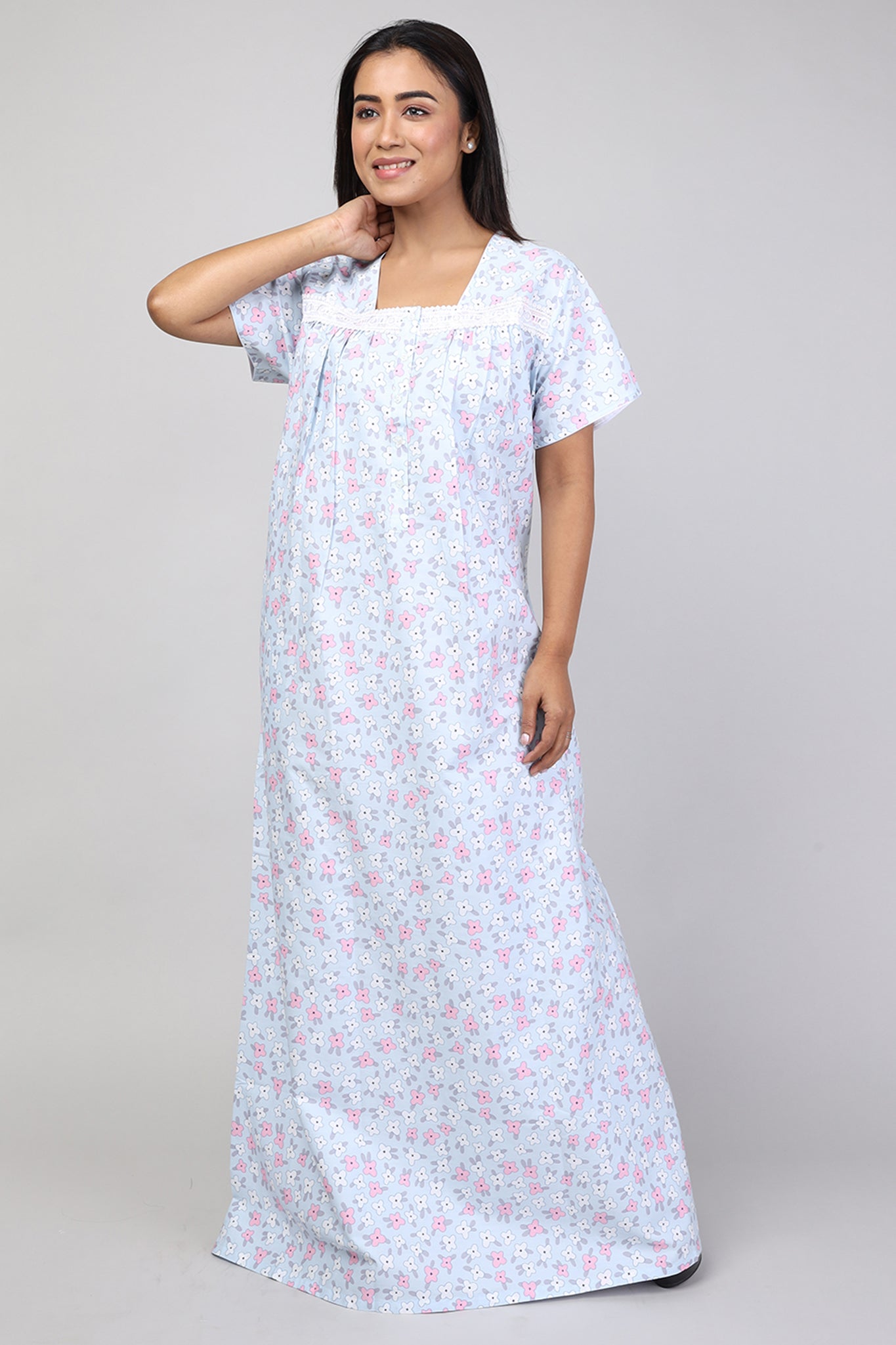 Women Printed Light Blue Cotton Cambric Nighty