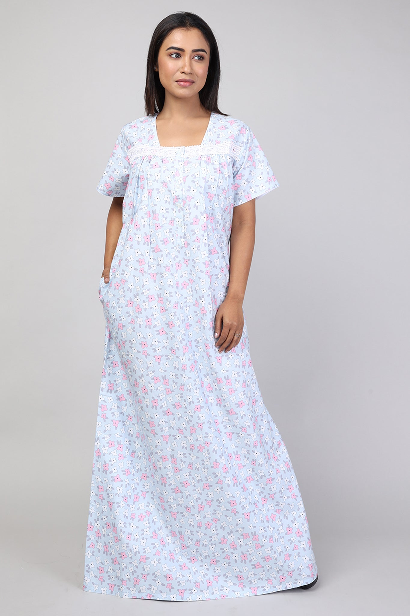 Women Printed Light Blue Cotton Cambric Nighty