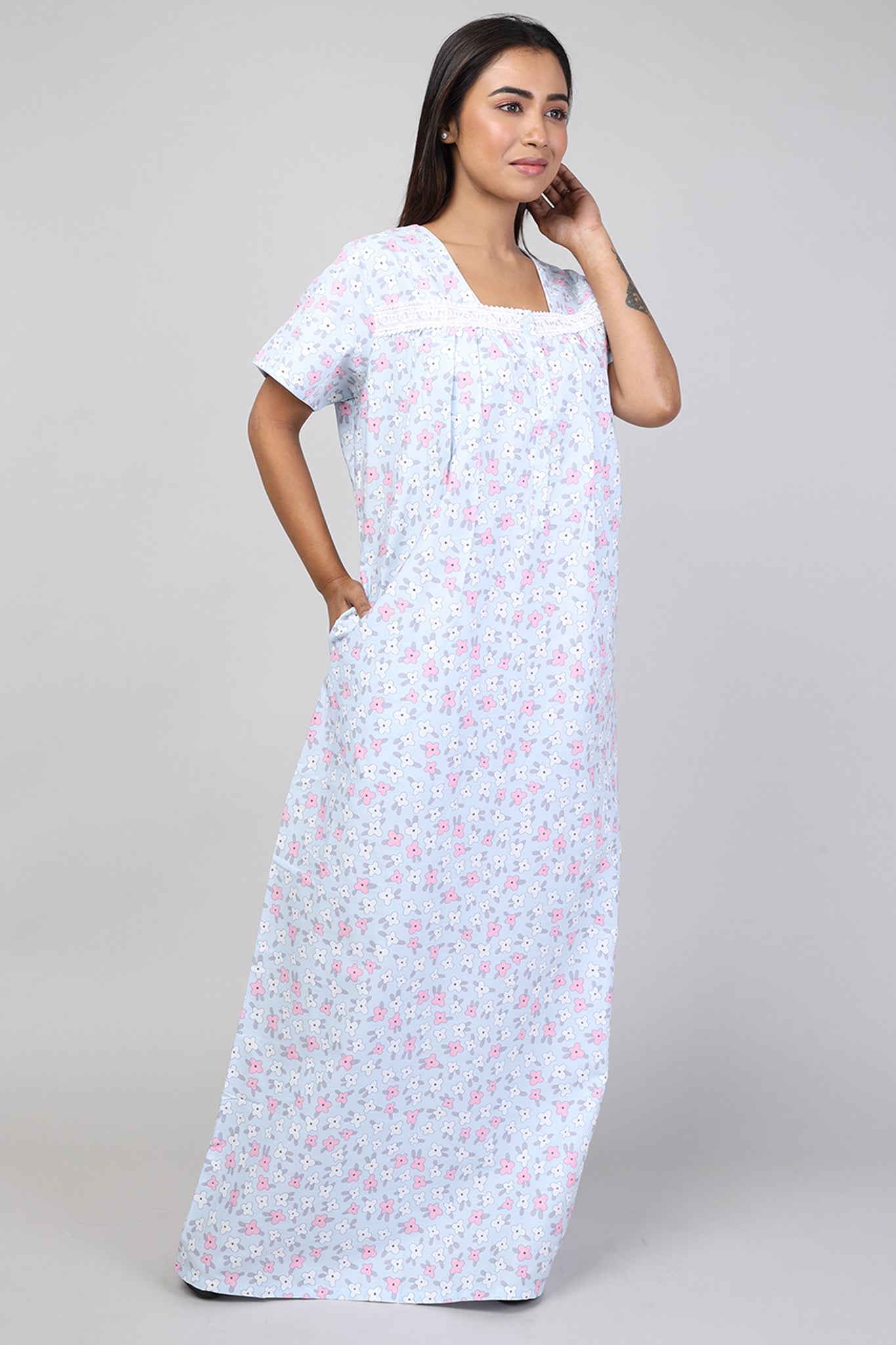 Women Printed Light Blue Cotton Cambric Nighty